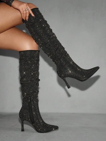 CUCCOO SZL Women's Pointed Toe Rhinestone Embellished Ruched Thigh High Boots, Sexy Stiletto Heel Knee High Boots For Nightclub Party For Christmas