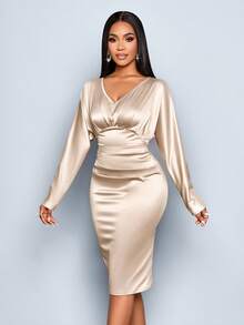 SOLERSUN Women's Fashionable Elegant Minimalist V-Neck Ruched Side Cinched Waist Satin Bodycon Dress Chic Autumn Fall Cloth For Women - Apricot - View 3