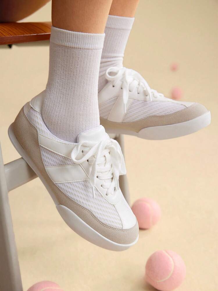 CUCCOO EASI Women's Casual Mesh Panel Round Toe Flat Sneakers, Simple Design Comfortable PU Leather Apricot Color Athleisure Shoes For Daily And Outdoor Wear