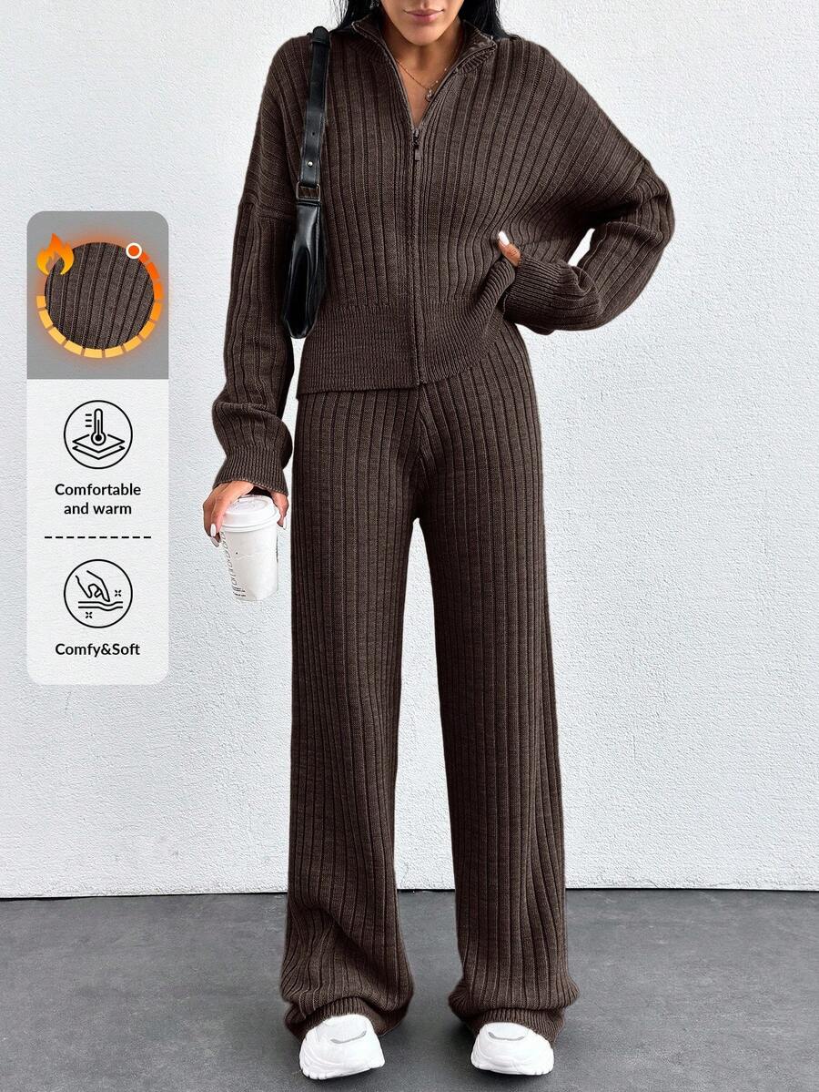 EURMUSE Drop Shoulder Zip Up Cardigan & Knit Pants - Brown - View 1