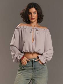 Aloruh 露肩荷叶边饰前系带优雅衬衫，适合休闲和通勤穿着 - 卡其色 - 查看 5