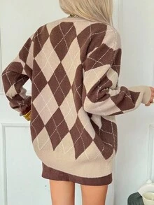 DAZY Suéter de punto casual con bloques de color y cuadros, otoño - Café integral - Ver 2