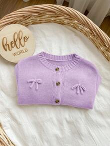 SHEIN Apricot Bowknot Cardigan, Cute & Versatile For Baby Girl, Autumn/Winter - Purple - View 3