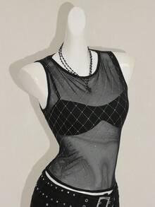 SHEIN ICON 女式格子网眼拼接无袖派对透视性感短款上衣 - 黑色 - 查看 8