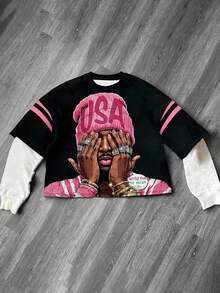 Manfinity Dauomo Best-Selling Two Pieces Style Crew Neck American Vintage Casual Sweatshirt With Simple Portrait Print For Fall And Winter