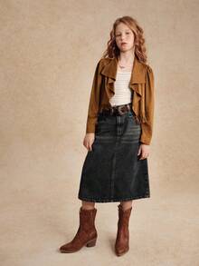 青少年女孩时尚休闲仿麂皮翻领泡泡长袖流苏下摆复古嘻哈开衫夹克 - 駝色 - 查看 3