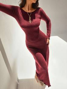 RiviMae Robe en tricot élégante à col rond, manches longues, poignets et ajustée, couleur unie, automne - Rouge foncé - Voir 4