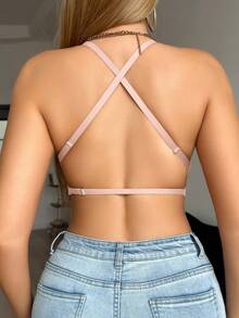 Snug Zone 1pc Casual Minimalist Solid Color Deep V-Neck Thin Strap Backless Women Bra - Pink - View 8