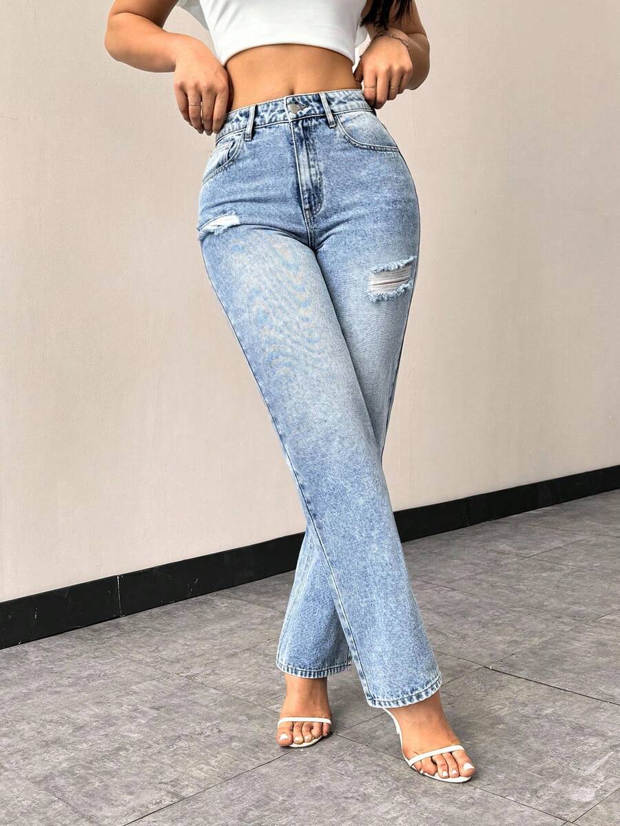 SHEIN Tall Jeans rectos de talle alto con efecto desgastado - Azul lavado medio - Ver 1