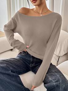 SHEIN SXY Women's Solid Asymmetrical Neckline Casual Long Sleeve Red Sweater Casual Party Elegant Home Sexy Autumn Winter Leisure Christmas Halloween New Year Asymmetrical Top Boat Neck Top Off Shoulder Sweater,Fall Off The Shoulder Long Sleeve,Cozy Fall And Winter Clothes For Women