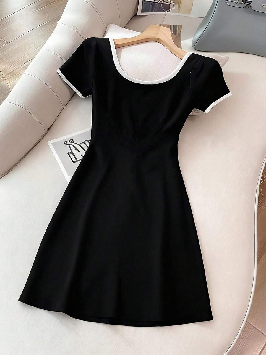 Franclia 女式休闲撞色饰边连衣裙，夏季 - 黑色 - 查看 1