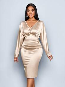 SOLERSUN Women's Fashionable Elegant Minimalist V-Neck Ruched Side Cinched Waist Satin Bodycon Dress Chic Autumn Fall Cloth For Women - Apricot - View 7