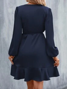 EMERY ROSE Einfarbiges Damen Outfit mit V-Ausschnitt, Kreuzwickel-Bindung und Langarm aus Satin - marineblau - Übersicht 2