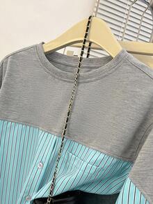 SHEIN Essnce Áo sơ mi nữ cổ tròn tay dài cài nút họa tiết kẻ sọc chắp vá - Màu xanh ngọc - Xem 3