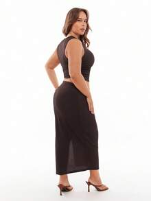 SHEIN EZwear Plus Size Women Summer Casual Solid Color Ruffle Slim Cropped Tank Top And Drawstring Ruffle High Slit Skirt 2 Pieces SetSummer Outfits For Women Brown Two Piece Set - Coffee Brown - View 2