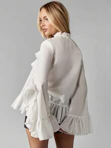 MISSGUIDED Áo blouse cotton phong cách Victoria bèo nhún tay chuông cổ cao thanh lịch, áo kiểu nổi bật, trang phục công sở chuyên nghiệp trang trọng, mặc đi làm, dự tiệc tối, mùa xuân - trắng - Xem 2