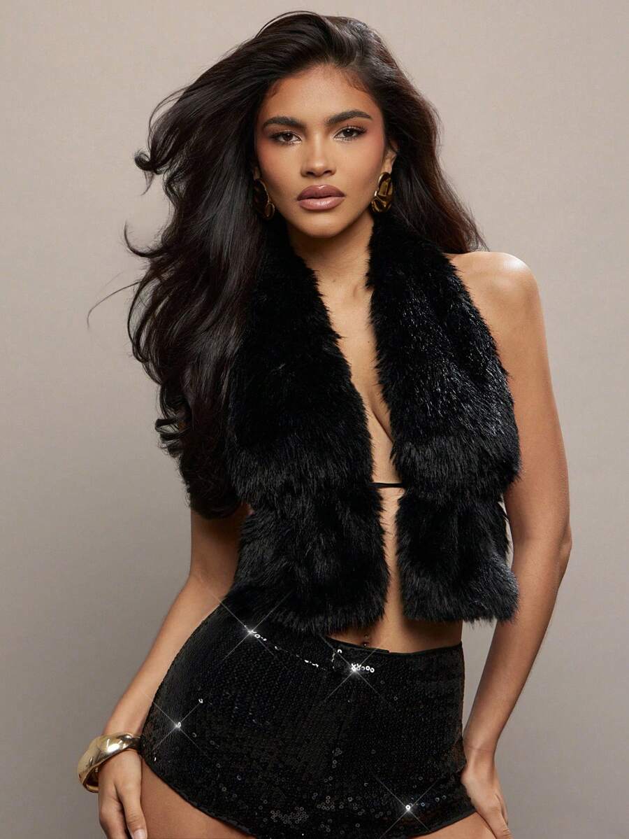 Hauture Fur Halter Open Back String Top - Fall Sexy Mob Wife Party Essential