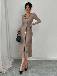 Selianne Elegant Commuter Color Block Trim Fitted Knit Dress - Mocha Brown - View 3