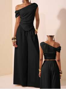 Zivah 2025 春夏新品音乐节、复活节、圣帕特里克节、西部风、游牧风、生日派对、毕业典礼、学院风、学生风、日常休闲、基本百搭、休闲、度假、邮轮旅行、海滩、日光浴、病毒式传播、街头服饰、婚礼宾客波西米亚风、通勤、早午餐、机场服装 - 杏色不对称肩部褶皱弧形下摆短款上衣和阔腿裤纹理面料两件套 - 黑色 - 查看 6