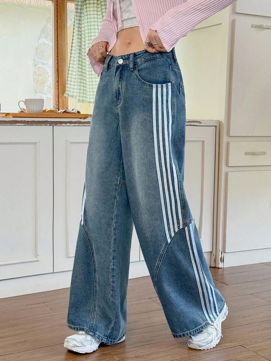 Rivivi Retro American Striped Wide Leg Jeans