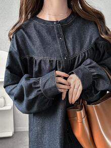 FRIFUL 女士休闲水洗灯笼袖衬衫通勤长袖上衣 - 藍色 - 查看 1