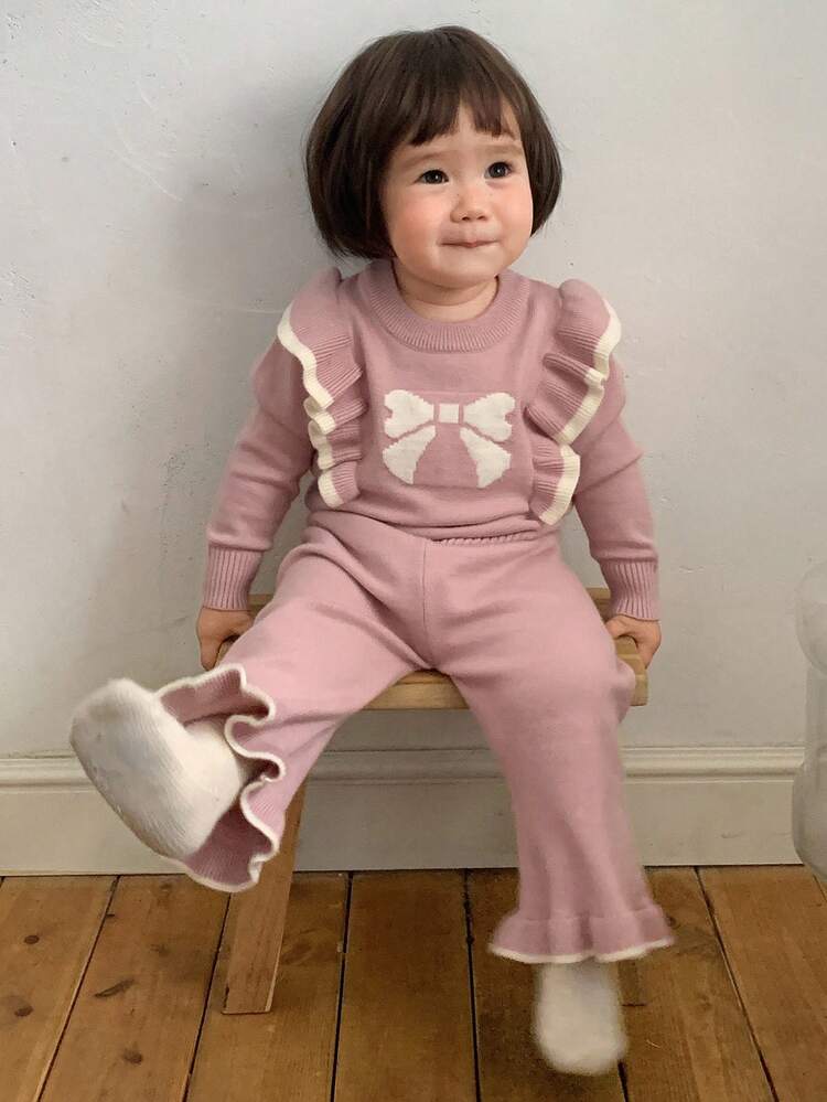 Baby Girl Ruffled Bow Knit Sweater And Knitted Long Pants Set, Sweet And Fresh Toddler Girls Clothes