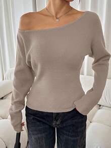 SHEIN SXY Women's Solid Asymmetrical Neckline Casual Long Sleeve Red Sweater Casual Party Elegant Home Sexy Autumn Winter Leisure Christmas Halloween New Year Asymmetrical Top Boat Neck Top Off Shoulder Sweater,Fall Off The Shoulder Long Sleeve,Cozy Fall And Winter Clothes For Women