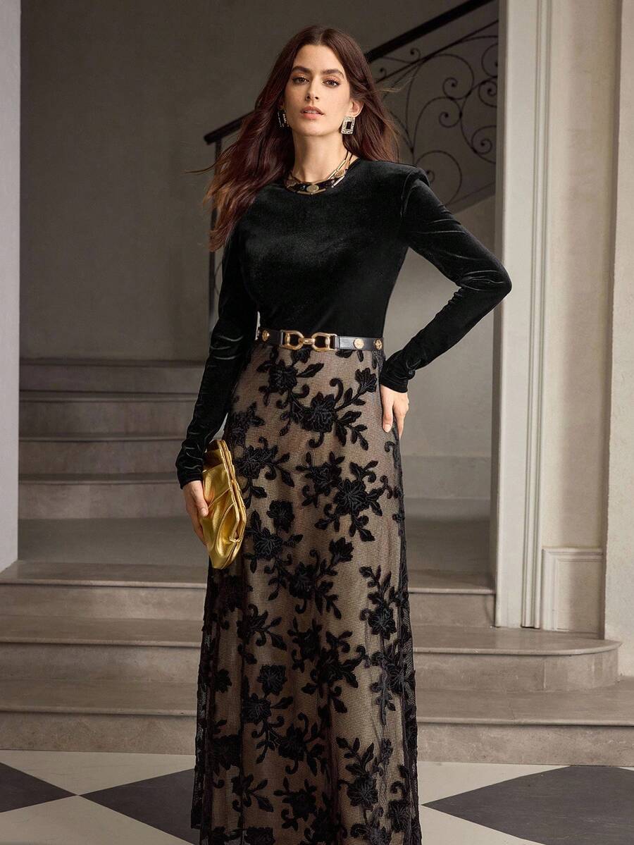 ZEYLAH Elegant Lace Patchwork Velvet Dress, Autumn/Winter - Black - View 1