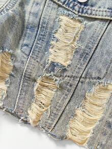 SHEIN PETITE Áo khoác denim ngắn tay rách một hàng khuy đơn dành cho nữ, mùa thu - Màu xanh lam - Xem 7