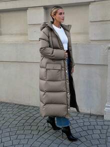 EURMUSE Lange Ärmel Reißverschluss vorn Druckknöpfe Körperklappen Taschen Lang Ärmel Winter Daunenjacke