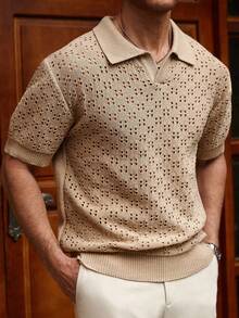 Manfinity Homme Men's Solid Color Short Sleeve Hollow Simple Casual Knit Top - Apricot - View 6