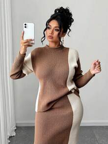 Elenzga Plus Size Autumn/Winter Casual Colorblock Patchwork Knit Top & Skirt Set - Multicolor - View 3
