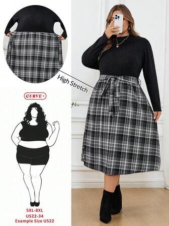 SHEIN CURVE+ Plus Size Women's Elegant Patchwork Plaid Hem Long Sleeve Dress, Suitable For Office Wear, Winter,Fall Clothes For Women/Autumn /Winter