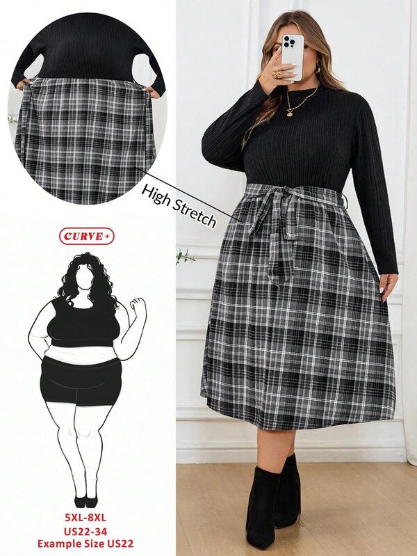 SHEIN CURVE+ Plus Size Women's Elegant Patchwork Plaid Hem Long Sleeve Dress, Suitable For Office Wear, Winter,Fall Clothes For Women/Autumn /Winter