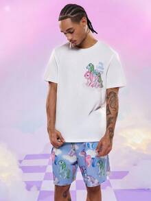 My Little Pony X SHEIN 男士字母和迷你马印花圆领短袖T恤，夏季 - 彩色 - 查看 5