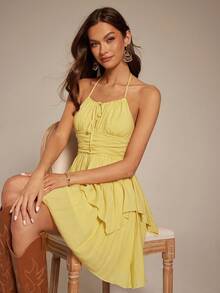 Enchnt Women's Vacation Casual Bohemian Ruffle Halter Backless Dress - Yellow - View 6