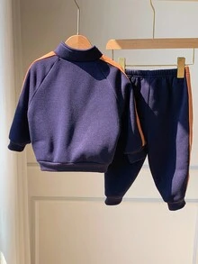 SHEIN Bộ 2 áo hoodie tay dài màu xanh cổ cao dễ thương cho bé trai, thích hợp mặc trong nhà, ngoài trời, hàng ngày, thể thao, vui chơi, tiệc tùng, chụp ảnh, ngày lễ, lễ hội, tiệc tùng, Halloween - Nhiều màu - Xem 2