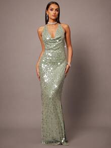 Silquee Đầm bodycon hở lưng đính sequin cổ khoét sâu dành cho nữ - Màu xanh Bạc hà - Xem 5