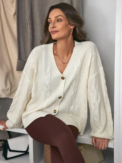 Louniche كارديجان نسائي كاجوال بأزرار وبتصميم كابل محبوك بسيط