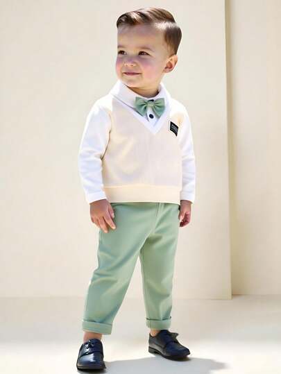 两件套男宝宝可爱学院风绅士风二合一撞色针织长袖POLO衫（带蝴蝶结）+休闲纯色弹力腰裤套装，适合春秋季、生日派对、婚礼、洗礼、周岁生日、秋冬季日常穿着。