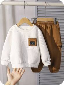 2件套男婴休闲白色长袖卫衣和松紧腰运动裤套装，男女通用婴儿服装，男婴冬季服装，男婴休闲套装，男婴服装套装，男婴冬季套装，男婴秋季套装 - 彩色 - 查看 1