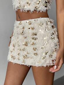 Aloruh Women's Fall/Winter Elegant Sexy Low Waist Sequin & Faux Fur Mini Skirt,Party,Club,Feather Mini Skirt Top,Sequin Skirt,Party Skirt ,Party Outfit,Thanksgiving Outfit For Women