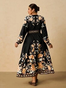 SHEIN VCAY 大码秋季服装全印花褶皱豹纹长袖连衣裙/秋季连衣裙/秋季女装秋季婚礼宾客连衣裙优雅女士连衣裙商务休闲女士工作连衣裙商务连衣裙 - 彩色 - 查看 2