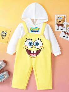 SpongeBob SquarePants | SHEIN 2 件女婴字母图案连帽衫和可爱卡通图案背带裤休闲套装 - 彩色 - 查看 3