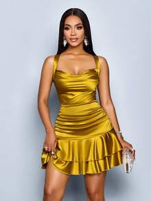 SOLERSUN Women's Mustard Yellow Summer Elegant Party Night Backless Hanging Collar Gathering Double Ruffle Hem Mini Dress For Wedding Bachelor Party - Mustard Yellow - View 7