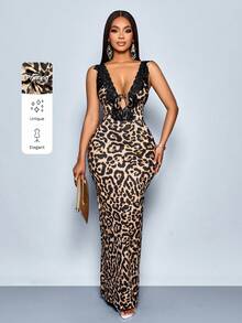 SOLERSUN Váy midi ôm không tay họa tiết da báo ren màu tương phản cổ chữ V sâu cho nữ, thanh lịch khi đi làm, hẹn hò thường ngày, ngày lễ tình nhân lãng mạn gợi cảm, tiệc tùng không tay thời trang xuân hè (hoa ngẫu nhiên) - màu nâu - Xem 1