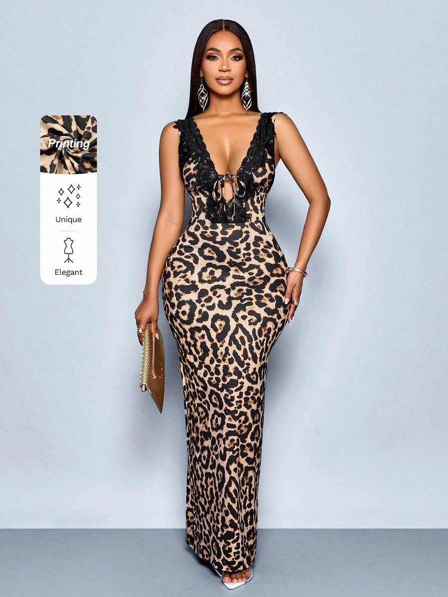 SOLERSUN Váy midi ôm không tay họa tiết da báo ren màu tương phản cổ chữ V sâu cho nữ, thanh lịch khi đi làm, hẹn hò thường ngày, ngày lễ tình nhân lãng mạn gợi cảm, tiệc tùng không tay thời trang xuân hè (hoa ngẫu nhiên) - màu nâu - Xem 1