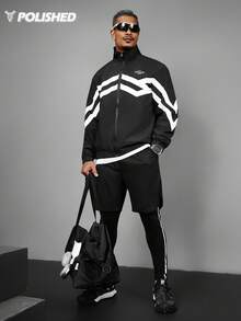 Manfinity Acti Log 男士撞色条纹抽绳腰带二合一运动裤 - 黑色 - 查看 3