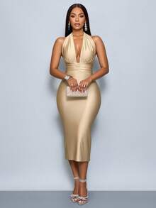 SOLERSUN Sexy Women's Deep V-Neck Halter Sleeveless Dress Maxi Women Outfit - Apricot - View 7