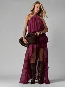 MISSGUIDED Luxury High Neck Ruffle Layered Asymmetric Dress With Tiered Chiffon Detail Party Evening Wedding Guest Special Occasion Maxi Halter Neck Dress - Purple - View 4